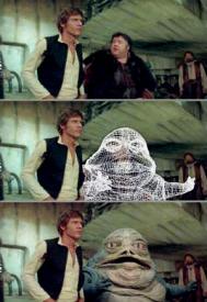 Harrison Ford and Jabba the Hut in Star Wars