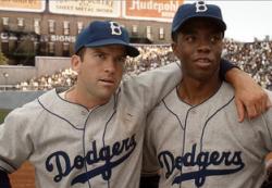 Lucas Black and Chadwick Boseman as Pee Wee Reese and Jackie Robinson in 42.