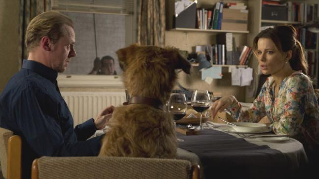 Simon Pegg, Dennis the Dog, and Kate Beckinsale in Absolutely Anything. Simon Pegg, Dennis the Dog, and Kate Beckinsale in Absolutely Anything.