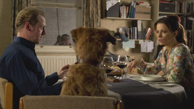 Simon Pegg, Dennis the Dog, and Kate Beckinsale in Absolutely Anything.