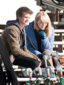 Andrew Garfield and Emma Stone yucking it up on the set of The Amazing Spider-man