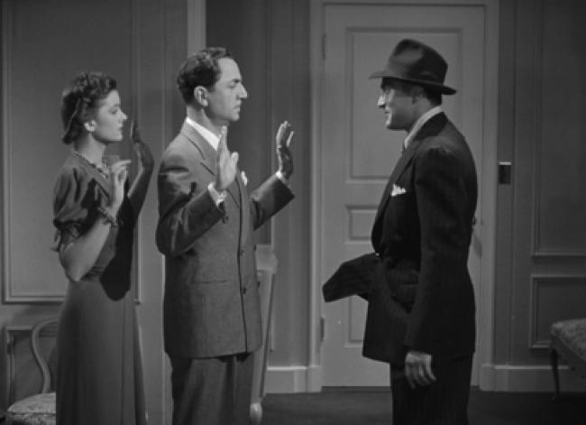 Myrna Loy, William Powell, and Sheldon Leonard in Another Thin Man.