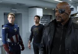 Chris Evans, Robert Downey Jr. and Samuel L. Jackson in The Avengers.