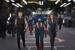 Jeremy Renner as Hawkeye, Chris Evans as Captain America and Scarlett Johansson as Black Widow in The Avengers Jeremy Renner as Hawkeye, Chris Evans as Captain America and Scarlett Johansson as Black Widow in The Avengers