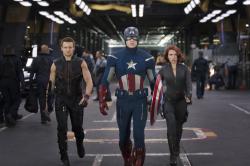 Jeremy Renner as Hawkeye, Chris Evans as Captain America and Scarlett Johansson as Black Widow in The Avengers