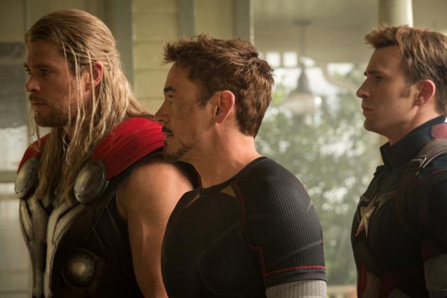 Chris Hemsworth, Robert Downey Jr., and Chris Evans in Avengers: Age of Ultron. Chris Hemsworth, Robert Downey Jr., and Chris Evans in Avengers: Age of Ultron.