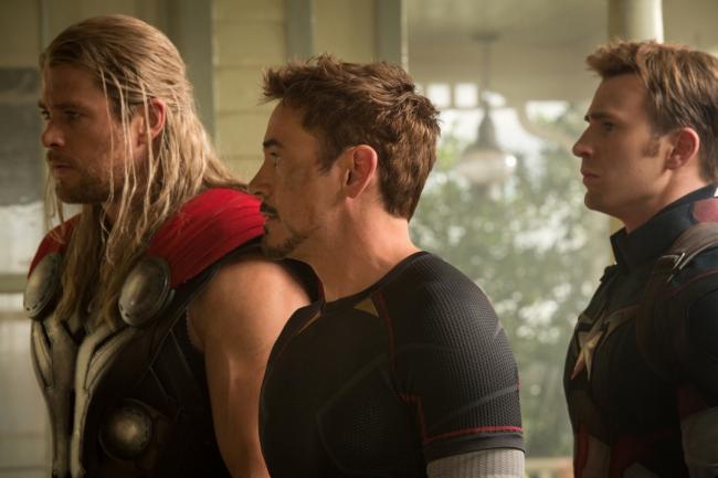 Chris Hemsworth, Robert Downey Jr., and Chris Evans in Avengers: Age of Ultron.