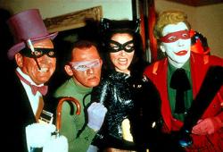 Burgess Meredith, Frank Gorshin, Lee Meriwether, and Cesar Romero in Batman: The Movie.