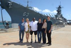 Peter Berg, Brooklyn Decker, Gregory D. Gadson, Taylor Kitsch, Brooklyn Decker and Alexander Skarsgard in front of the USS Missoouri.