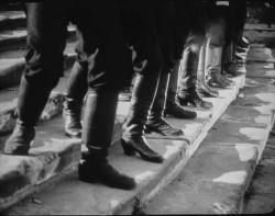 The soldiers march down the Odessa Staircase in Battleship Potemkin.