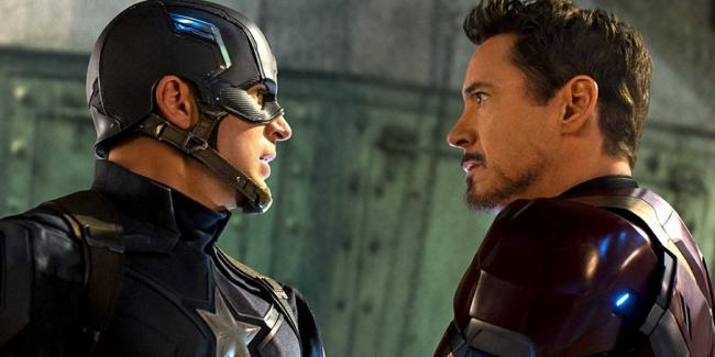 Chris Evans and Robert Downey Jr. in Captain America: Civil War.