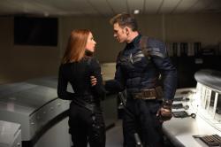 Scarlett Johansson and Chris Evans in Captain America: The Winter Soldier. Scarlett Johansson and Chris Evans in Captain America: The Winter Soldier.