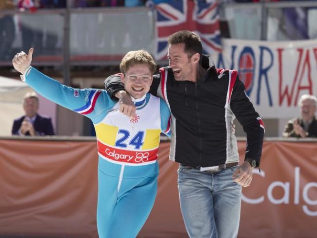 Taron Egerton and Hugh Jackman in Eddie the Eagle.