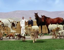 Morgan Freeman as God and Steve Carell as Evan surrounded by animals in Evan Almighty. Morgan Freeman as God and Steve Carell as Evan surrounded by animals in Evan Almighty.