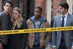 Nicholas D'Agosto trying to look concerned, some blonde, a token and Miles Fishers eyebrows. Nicholas D'Agosto trying to look concerned, some blonde, a token and Miles Fishers eyebrows.