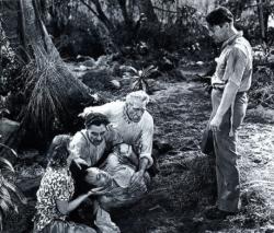 Lucille Ball, Allen Jenkins (lying on ground), Joseph Calleia, C. Aubrey Smith and Chester Morris in Five Came Back. 