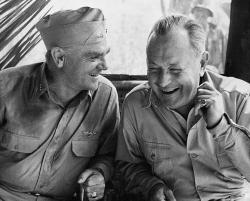 James Cagney and Robert Montgomery during a break from filming The Gallant Hours