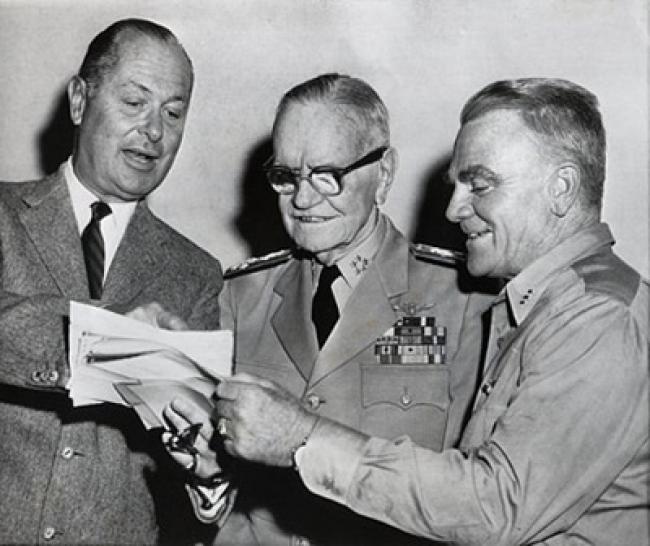 Director Robert Montgomery and star James Cagney with the real Admiral Halsey.