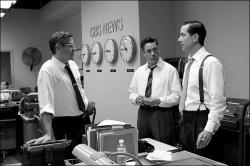 George Clooney, Robert Downey Jr., and David Strathairn in Good Night, and Good Luck.