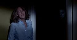 Jamie Lee Curtis about to meet Michael Meyers in Halloween