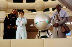 Sam Rockwell, Zooey Deschanel, Marvin the Paranoid Android and Mos Def in The Hitchhiker's Guide to the Galaxy.