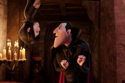 Mavis (Selena Gomez) and Dracula (Adam Sandler) in Hotel Transylvania.