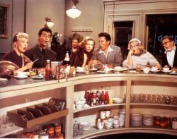 Betty Grable, Rory Calhoun, Lauren Bacall, Cameron Mitchell, Marilyn Monroe and David Wayne in How to Marry a Millionaire.