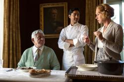 Om Puri, Manish Dayal, and Helen Mirren in The Hundred-Foot Journey.