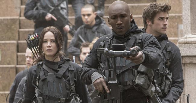 Jennifer Lawrence, Evan Ross, Mahershala Ali and Liam Hemsworth in The Hunger Games: Mockingjay - Part 2.