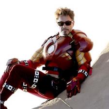 Robert Downey Jr as Iron Man, before the CGI has completed his costume. 