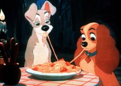 An iconic romantic moment in Lady and the Tramp.