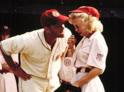 Tom Hanks informs Bitty Schram that there is no crying in baseball in A League of Their Own. Tom Hanks informs Bitty Schram that there is no crying in baseball in A League of Their Own.