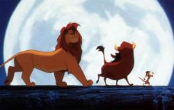 Simba, Pumbaa and Timon put their behinds in the past as they sing, Hakuna Matata in The Lion King.