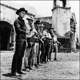 Yul Brynner, Steve McQueen, Horst Buchholz, Charles Bronson, Robert Vaughn, Brad Dexter and James Coburn in The Magnificent Seven.