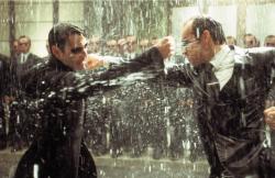 Keanu Reeves and Hugo Weaving in The Matrix Revolutions.