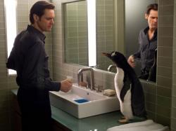 Jim Carrey and a computer generated penguin in Mr. Popper's Penguins. Jim Carrey and a computer generated penguin in Mr. Popper's Penguins.