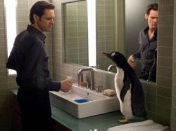 Jim Carrey and a computer generated penguin in Mr. Popper's Penguins.