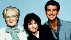 Robin Williams, Sally Fields and Pierce Brosnan in a publicity still for Mrs. Doubtfire