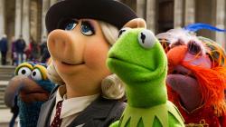 Gonzo, Miss Piggy, Kermit, and Floyd Pepper in Muppets Most Wanted.