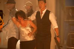 Melissa Leo and Rick Yune in Olympus Has Fallen.