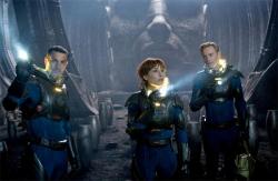 Logan Marshall-Green, Noomi Rapace and Michael Fassbender in Prometheus. Logan Marshall-Green, Noomi Rapace and Michael Fassbender in Prometheus.
