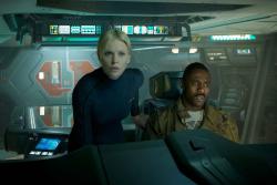 Charlize Theron and Idris Elba in Prometheus. Charlize Theron and Idris Elba in Prometheus.