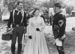 John Wayne, Maureen O'Hara, and Victor McLaglen in Rio Grande.