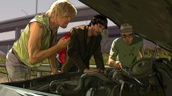 Woody Harrelson, Keanu Reeves, and Robert Downey Jr. animated in A Scanner Darkly.