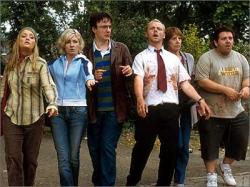 Lucy Davis, Kate Ashfield, Dylan Moran, Simon Pegg Penelope Wilton and Nick Frost in Shaun of the Dead.