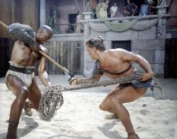 Woody Strode and Kirk Douglas in Spartacus.