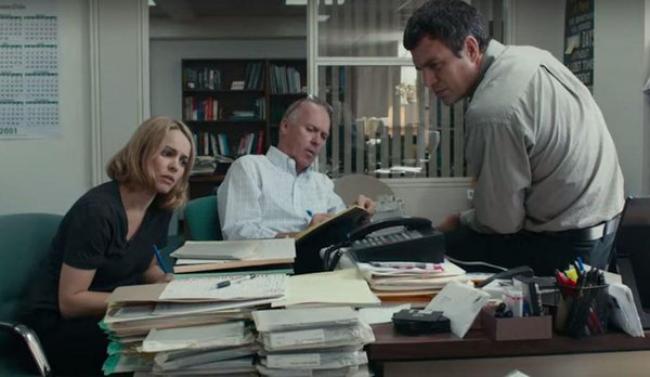Rachel McAdams, Michael Keaton, and Mark Ruffalo in Spotlight. Rachel McAdams, Michael Keaton, and Mark Ruffalo in Spotlight.