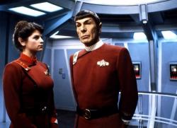 Kirstie Alley and Leonard Nimoy in Star Trek II: The Wrath of Khan. Kirstie Alley and Leonard Nimoy in Star Trek II: The Wrath of Khan.