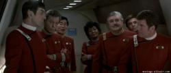 The famous cast as Spock, Bones, Sulu, Uhura, Scotty, Chekov and Kirk in Star Trek IV: The Voyage Home.