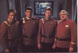 William Shatner, Leonard Nimoy, Deforest Kelley and James Doohan make one last journey together on board the Enterprise in Star Trek VI: The Undiscovered Country. William Shatner, Leonard Nimoy, Deforest Kelley and James Doohan make one last journey together on board the Enterprise in Star Trek VI: The Undiscovered Country.